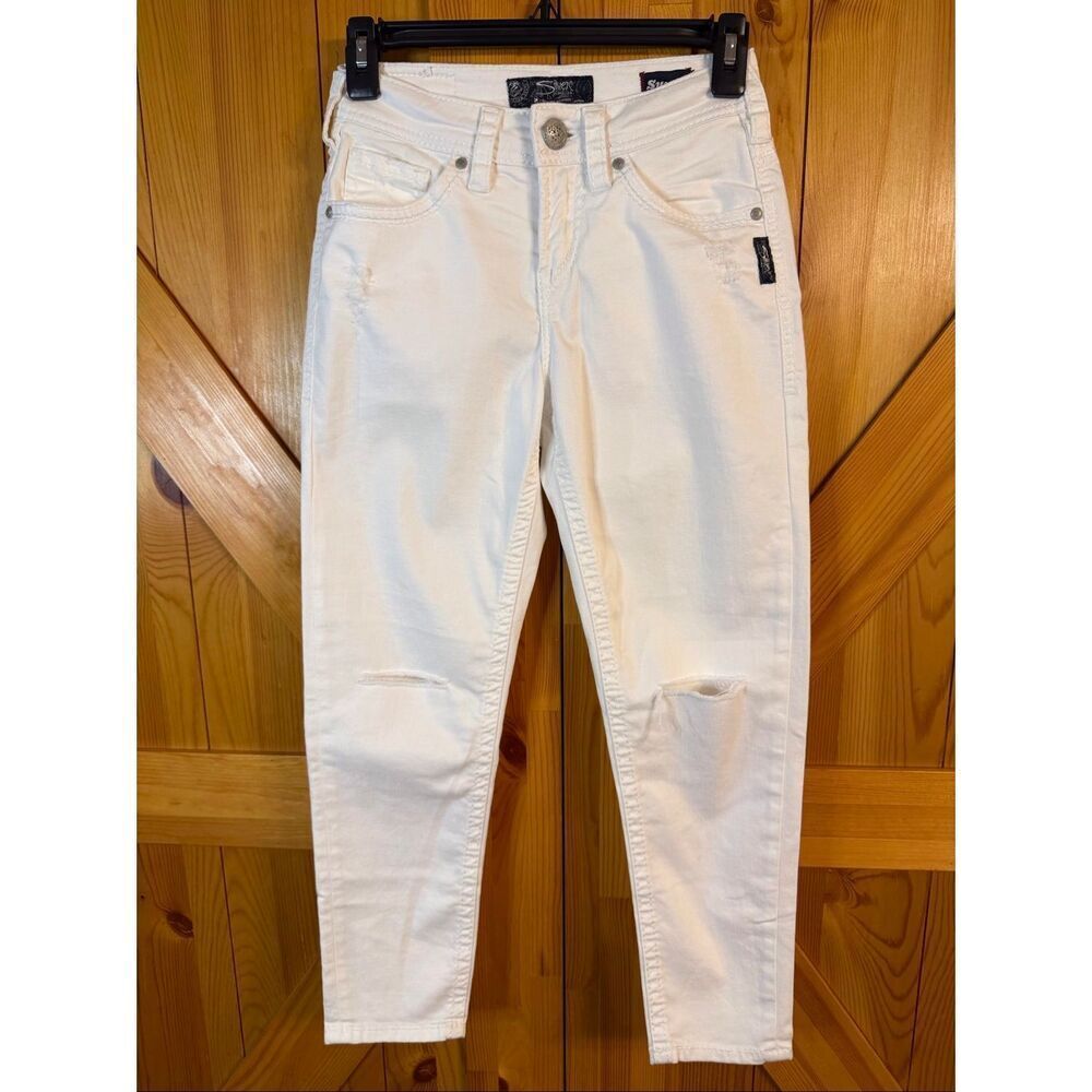 Silver Jeans Suki High Capri Super Stretch Ripped White Jeans Size 25x24 (6831)